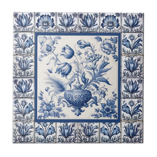 Enfärgad blommigt Blå toile de jouy monogram Kakelplatta (Framsidan)