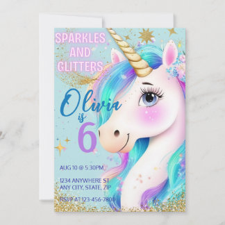 Enfärgad glitter enhörning inbjudan för flickor