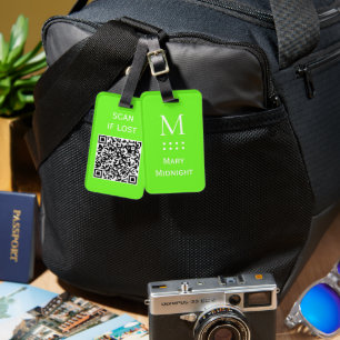 Enfärgad QR-kod Skanna om den tappas bort Neongrön Bagagebricka