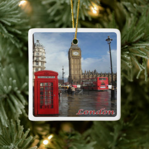 ENG063 LONDON BIG BEN, Dubbla Decker Buss, Julgransprydnad Keramik