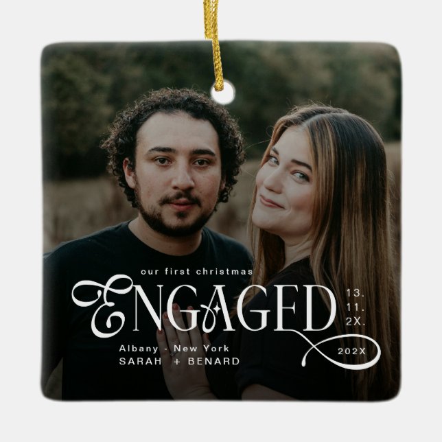 Engaged Couples 2 Photos Stylish First Christmas Julgransprydnad Keramik (Framsida)