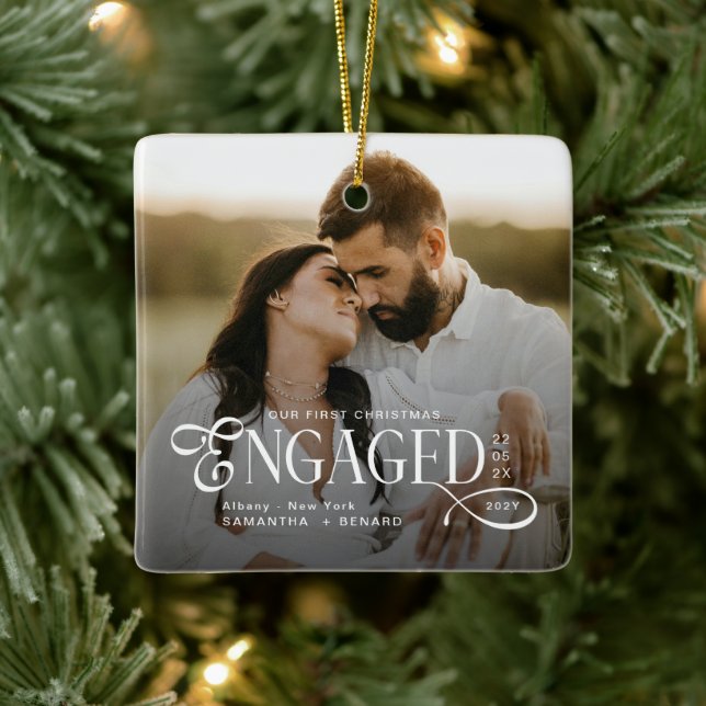 Engaged Couples 2 Photos Stylish First Christmas Julgransprydnad Keramik (Träd)