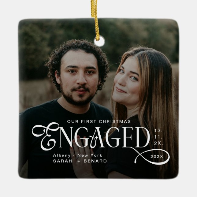 Engaged Couples 2 Photos Stylish First Christmas Julgransprydnad Keramik (Framsida)