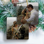 Engaged gold calligraphy script 2 photos keepsake julgransprydnad keramik<br><div class="desc">Elegant modern keepsake Christmas tree ornament template for an engaged couple with two custom photos and a classic gold calligraphy script.              Easy to personalize it with your pictures,  names,  and engagement date!</div>
