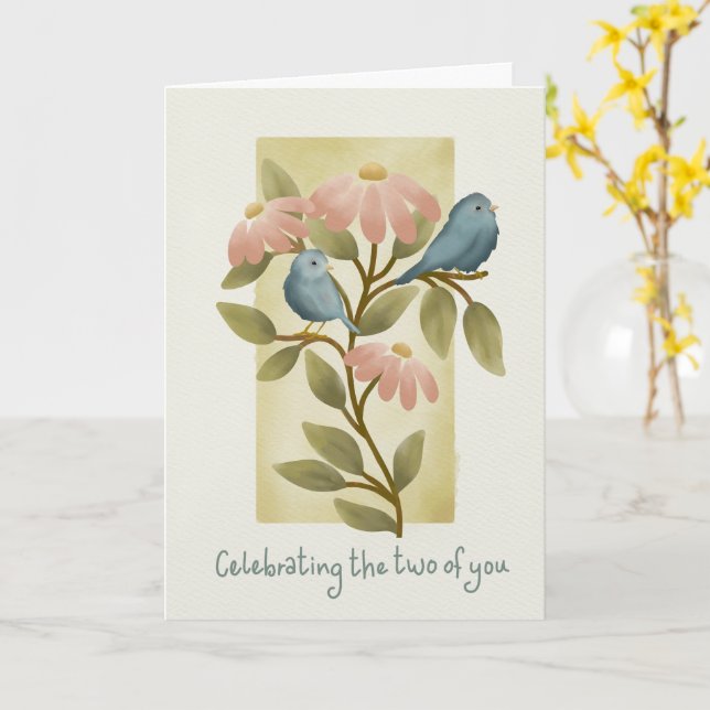 Engagemang Grattis Vattenfärg Blå Fåglar a Kort (Gul blomma)