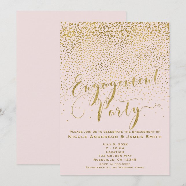 ENGAGEMANGSFEST Bröllopsdusch Rosa & Guld Konfetti Inbjudningar (Fram/baksida)