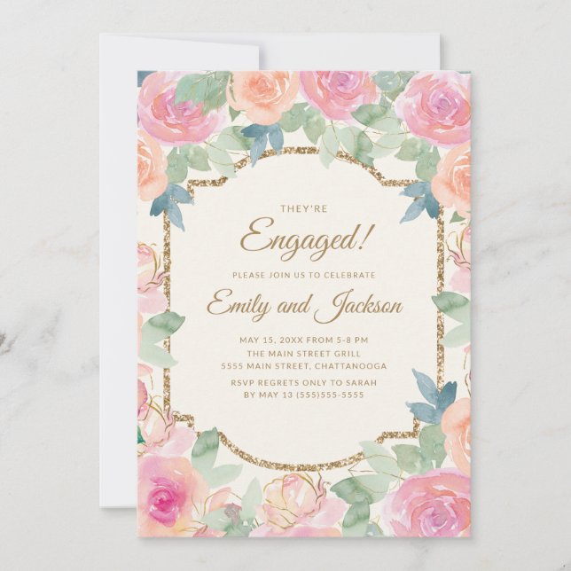 Engagemangsfest Rosa Persika Blommig Guld Inbjudningar (Framsida)