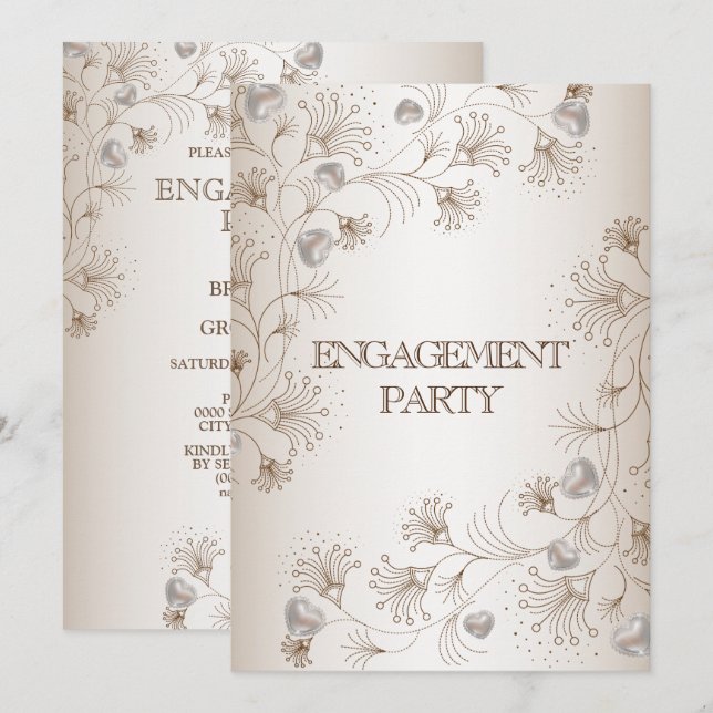 Engagemangsfest Tan Blommig Hjärtform Beige Elegan Inbjudningar (Fram/baksida)