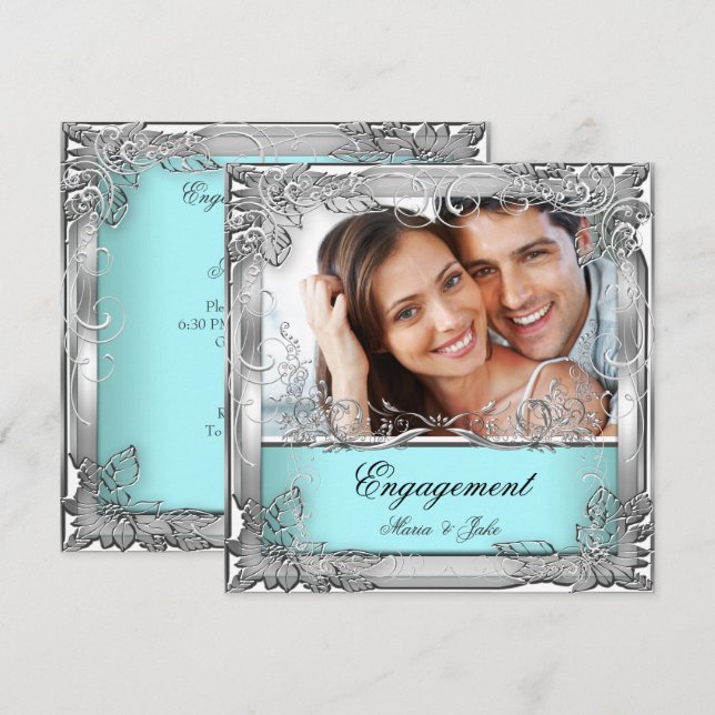 Engagemangsfest Teal Vit Silver Foto Inbjudningar (Fram/baksida)