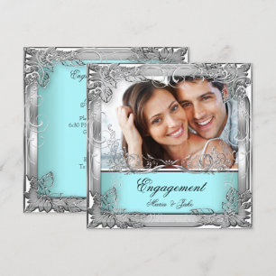 Engagemangsfest Teal Vit Silver Foto Inbjudningar