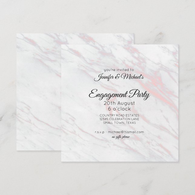 Engagemangspartaj invitation rosa & grå marmor (Fram/baksida)