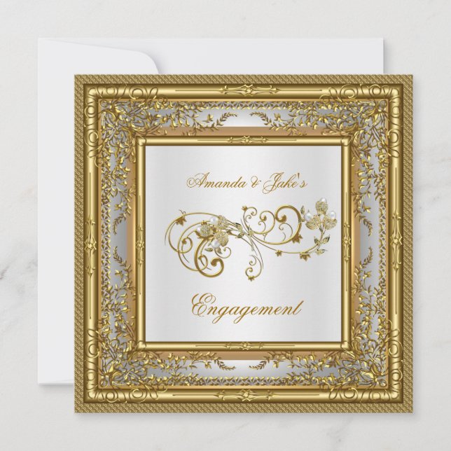 Engagemangsparty Guld Vit Damask Blommig Inbjudningar (Framsida)