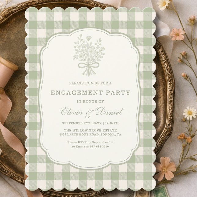 Engagement Party  Gingham Floral Sage Green Inbjudningar (Skapare uppladdad)