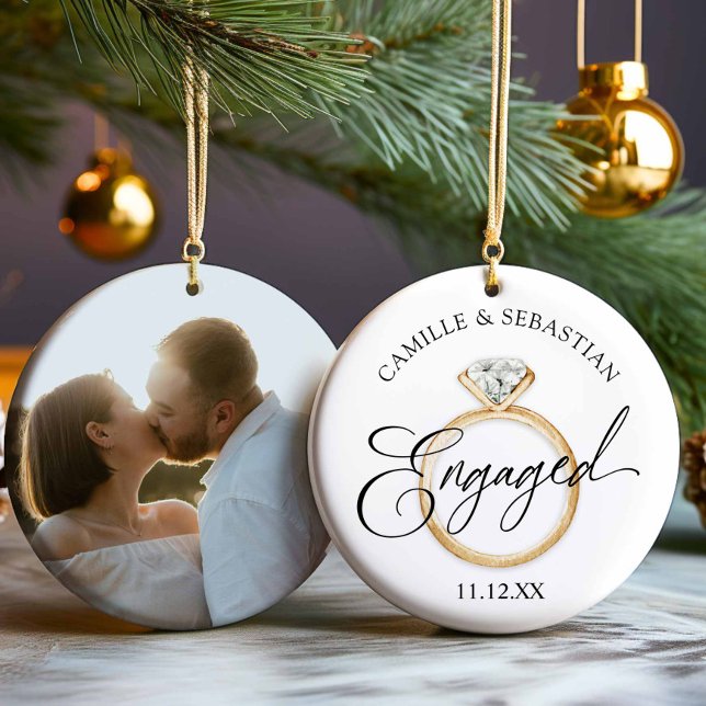 Engagerad! Julfoto Ornament (Elegant Engagement Photo Christmas Ornament)