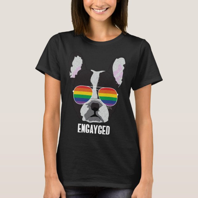 Engayged  Boston Terrier Dog Gay Pride T Shirt (Framsida)