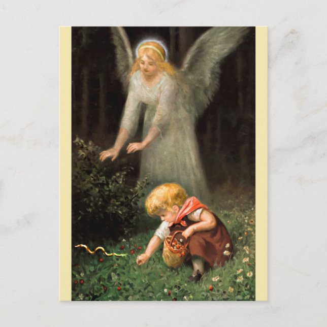 Engel und Mädchen im Wald. Vykort (Framsida)