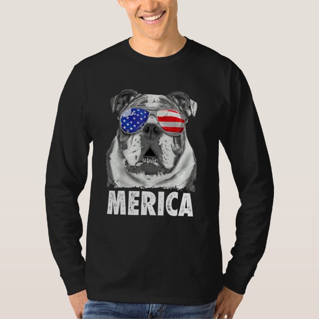 Engelsk bulldog 4:e juli Merica Manar USA flagga T Shirt (Framsida)