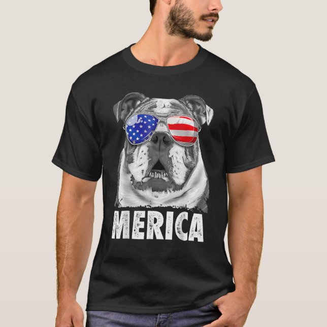 Engelsk bulldog 4:e juli Merica Manar USA flagga T Shirt (Framsida)