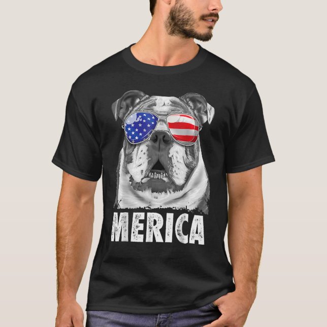Engelsk bulldog 4:e juli Merica Manar USA flagga T Shirt (Framsida)