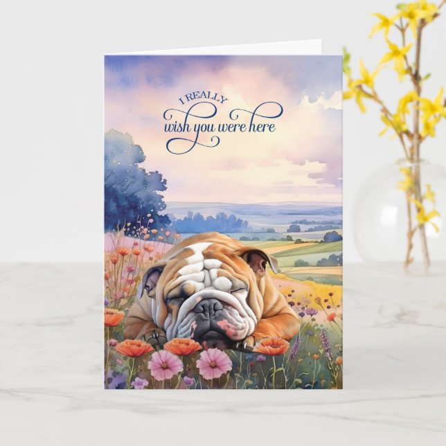 Engelsk Bulldog Blomster Saknar Dig Kort (Gul blomma)