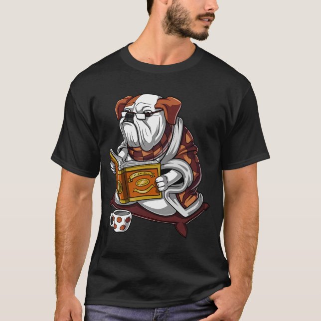 Engelsk Bulldog Bok Läsande Hund T Shirt (Framsida)