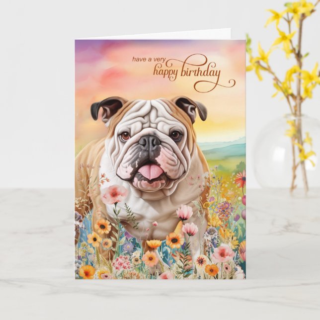 Engelsk Bulldog Födelsedag på vildblomsfält Kort (Gul blomma)