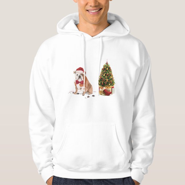 Engelsk bulldog Funny jul Hund med Träd Hoodie (Framsida)