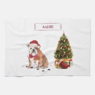Engelsk bulldog Funny jul Hund med Träd Kökshandduk
