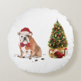 Engelsk bulldog Funny jul Hund med Träd Rund Kudde