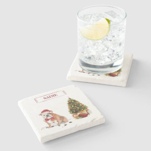 Engelsk bulldog Funny jul Hund med Träd Stenunderlägg