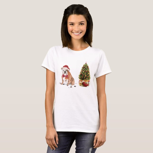 Engelsk bulldog Funny jul Hund med Träd T Shirt (Hel framsida)