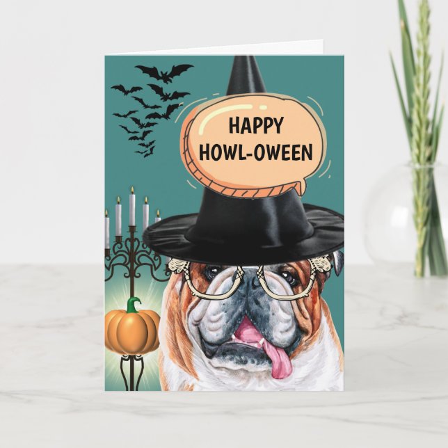 Engelsk bulldog gullig hund häxa lycklig howloween kort (Framsida)