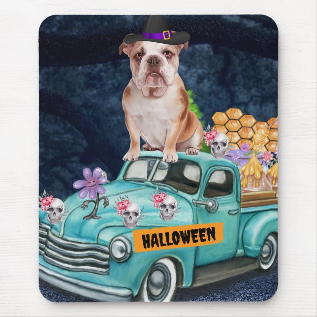 Engelsk bulldog Halloween Lastbil Scary Natt Musmatta (Framsidan)