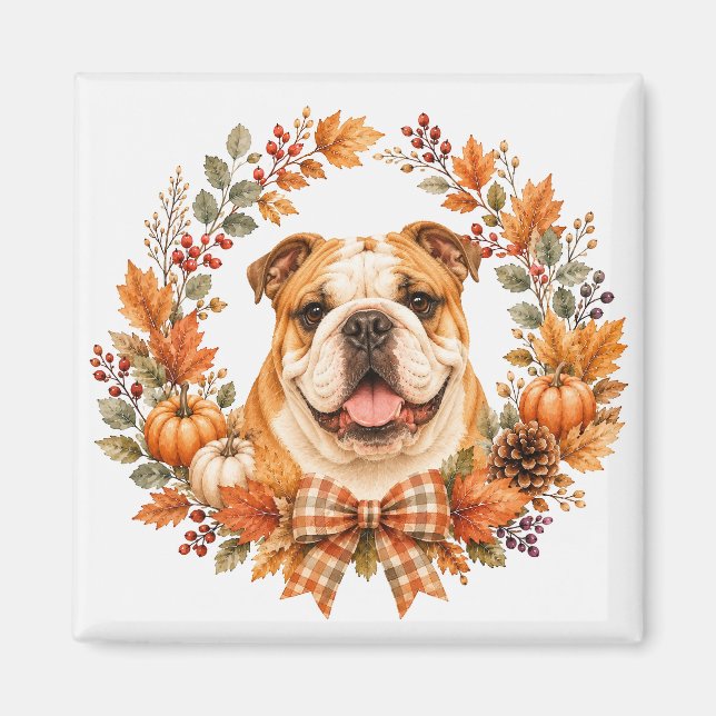Engelsk Bulldog Höstkrans Magnet (Framsidan)