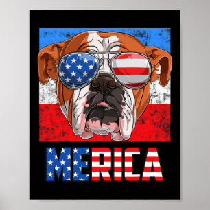 Engelsk bulldog Hund 4 juli American Flagga Meri Poster