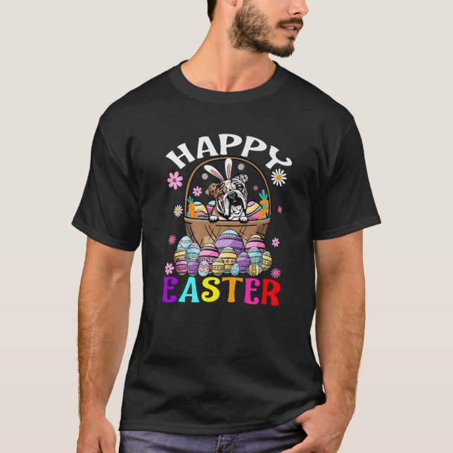 Engelsk bulldog Hund Glad påsk Bunny Eggs Påsk T Shirt (Framsida)