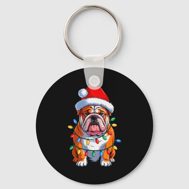 Engelsk Bulldog Hund Julbelysning Tomtehatt Xma Nyckelring (Framsida)