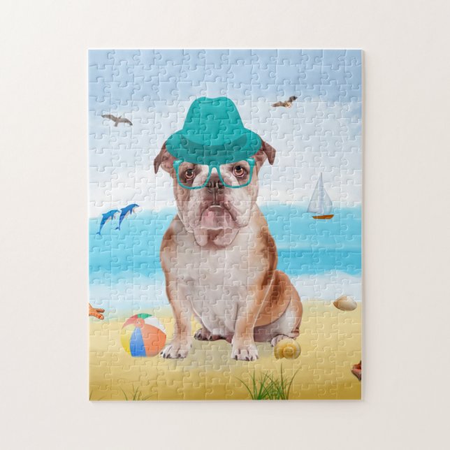 Engelsk bulldog Hund på Beach Pussel (Vertikal)