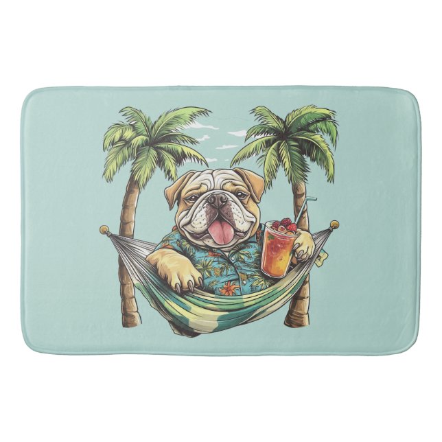 Engelsk Bulldog I Hawaiiansk Top Badrumsmatta (Framsidan)