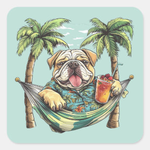Engelsk Bulldog I Hawaiiansk Top Fyrkantigt Klistermärke