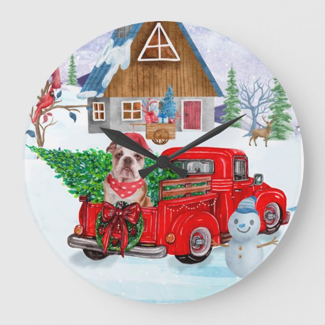 Engelsk Bulldog I Jul Leveransbil Snö Stor Klocka (Framsida)