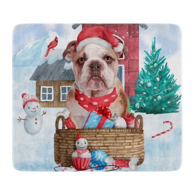 Engelsk Bulldog I snö Jul Hund Hus (Framsidan)
