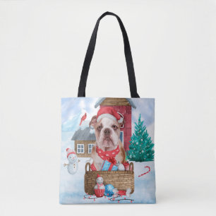 Engelsk Bulldog I snö Jul Hund Hus Tygkasse