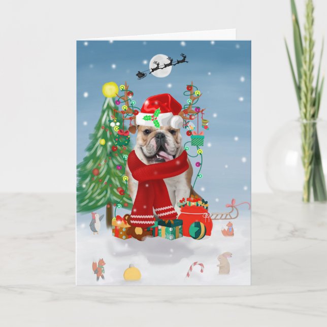 Engelsk Bulldog i Snö med Julklappar  Kort (Framsida)