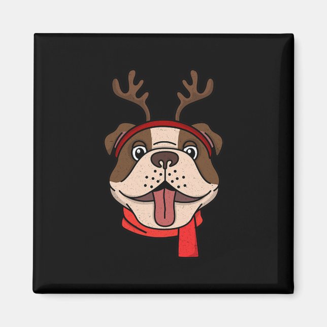 Engelsk Bulldog Jul Rennar Horn Xmas  Magnet (Framsidan)