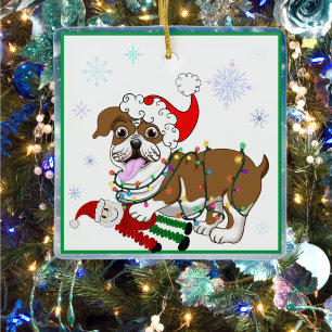 Engelsk Bulldog med julbelysning och Santa-leksak Julgransprydnad Keramik