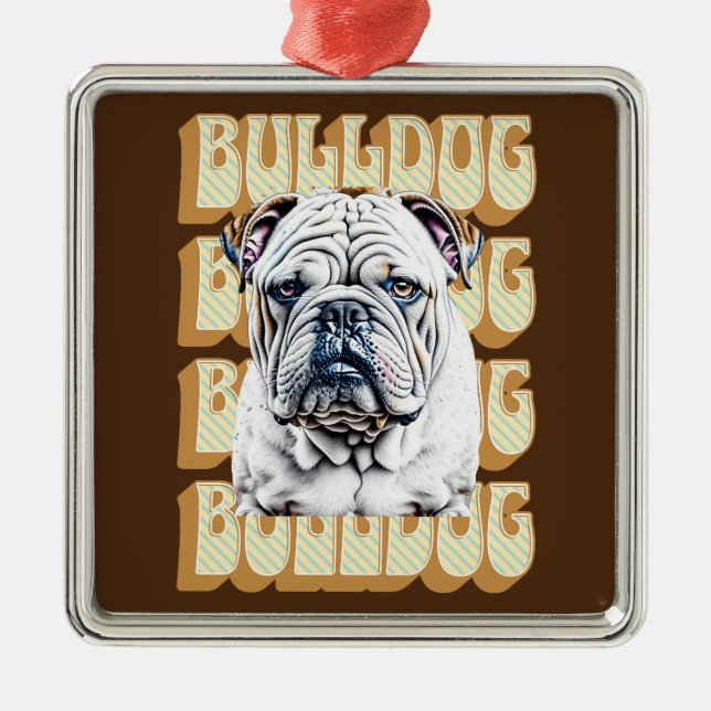 Engelsk bulldog med Retro Font Julgransprydnad Metall (Framsidan)