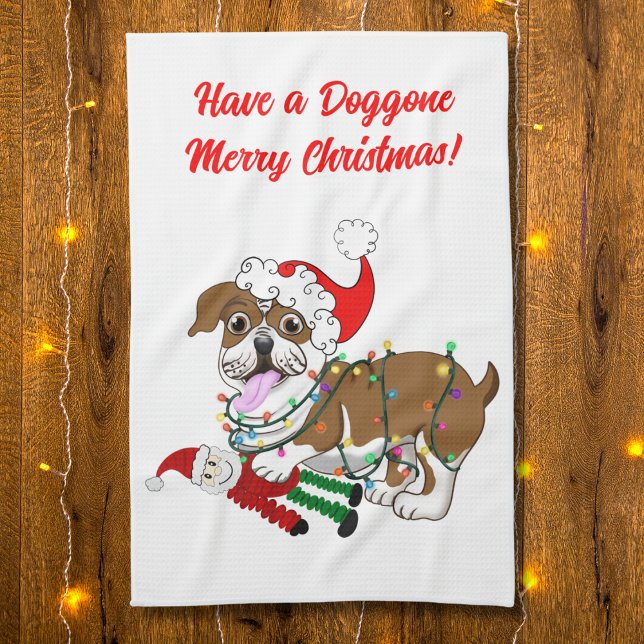 Engelsk Bulldog Med Xmas Ljus Lång Förklänning Kökshandduk (Skapare uppladdad)