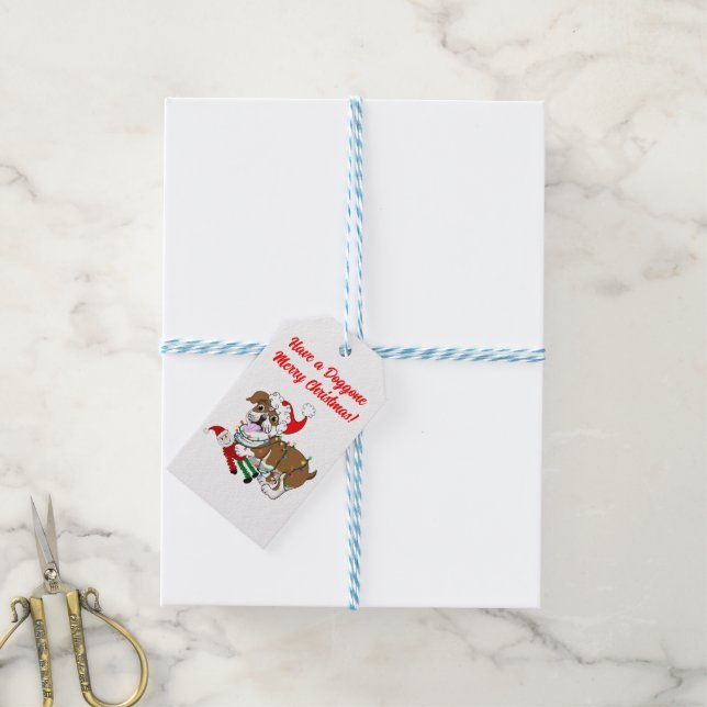 Engelsk Bulldog Med Xmas-ljus  Presentetikett (Med Snöre)