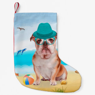 Engelsk bulldog på Beach Liten Julstrumpa